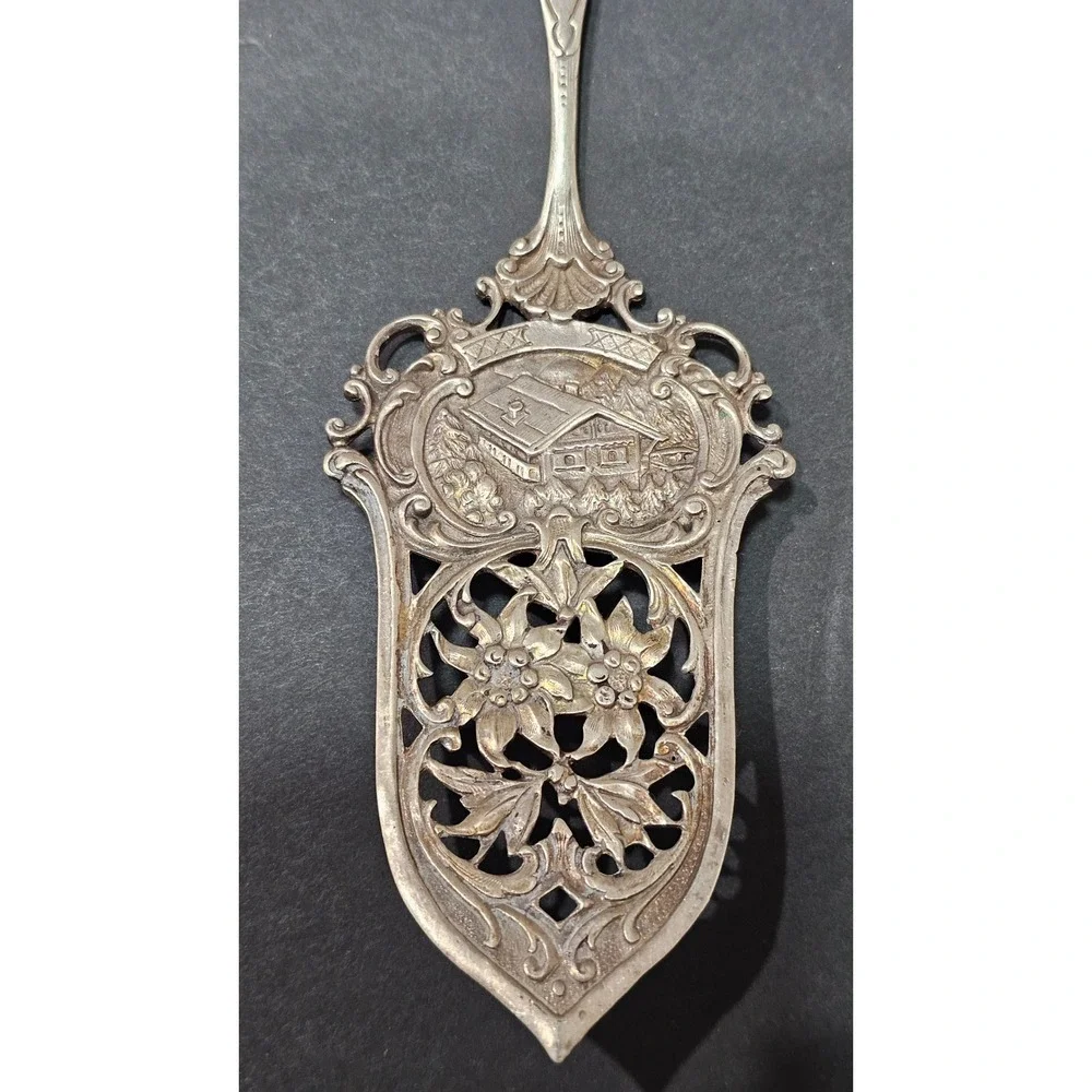 Antique Signed‎ German 800 Silver Cake Server Edelweiss Alpine Chalet Repousse